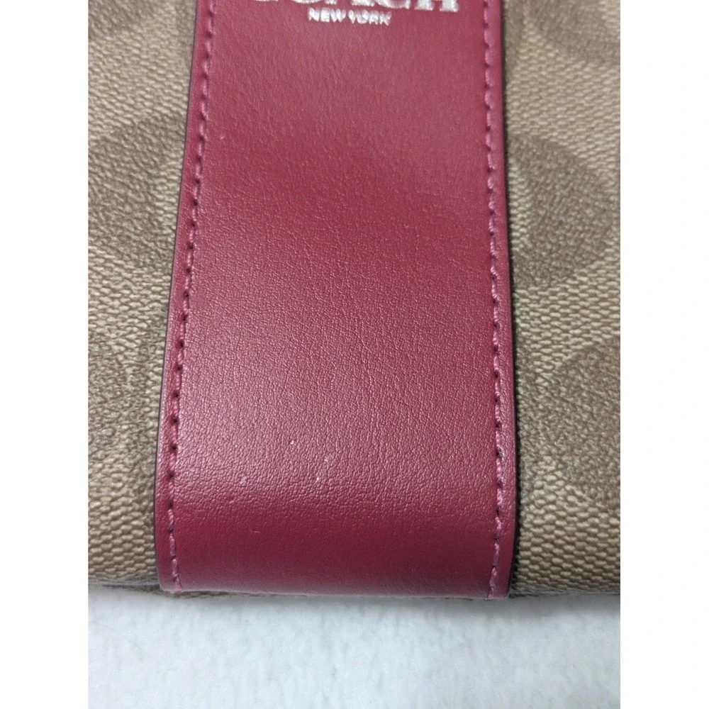 COACH Corner Zip Wristlet Khaki Coated Canvas w/Cherry Leather Vertical Stripe